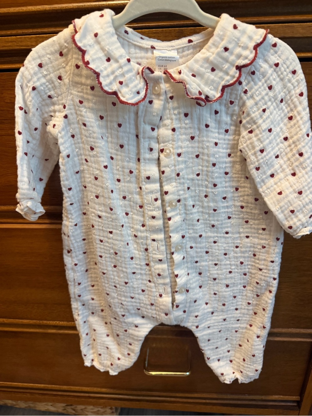 H&M White Muslin One-Piece with Red Heart Print and Scalloped Collar